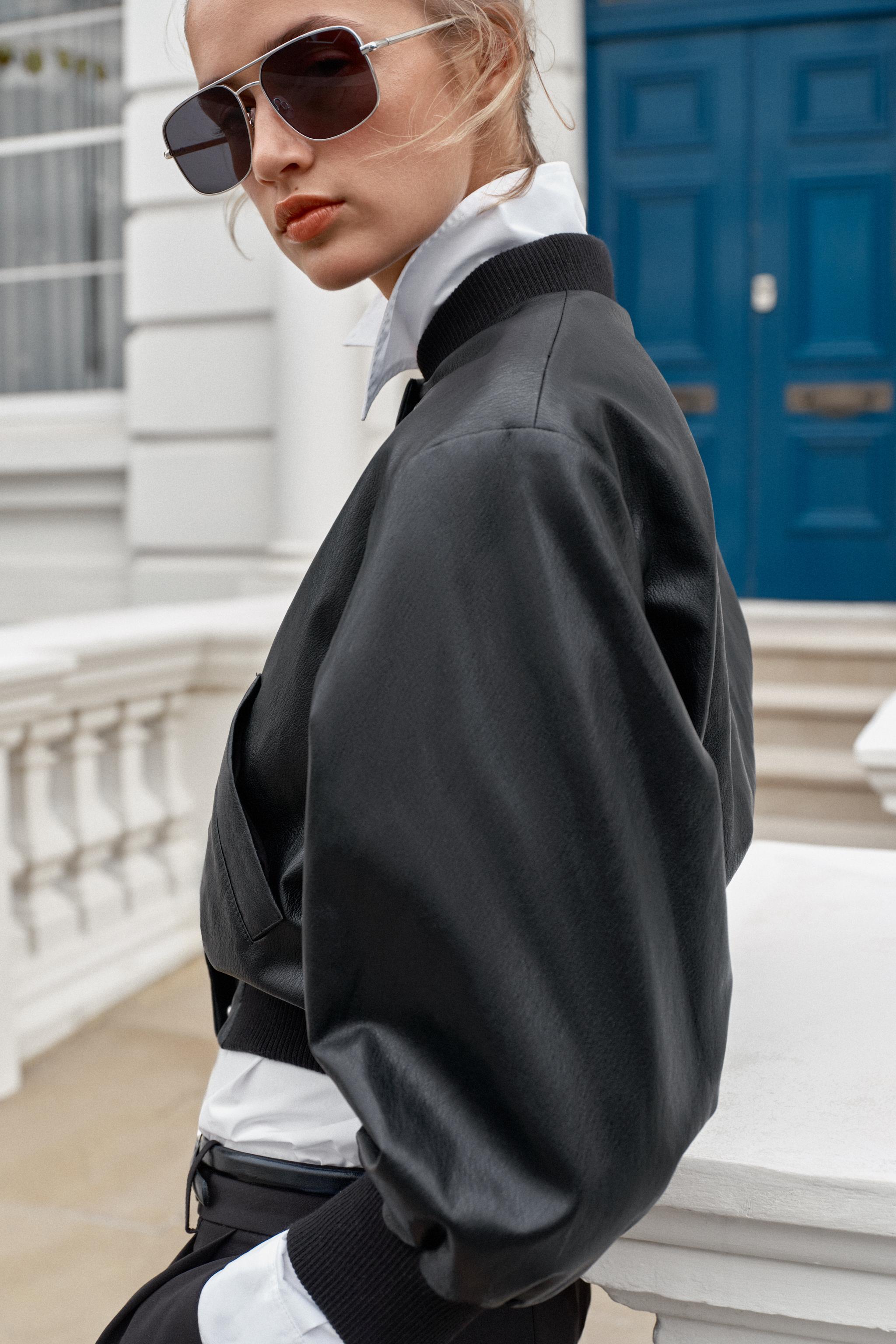 FAUX LEATHER BOMBER JACKET WITH SHOULDER PADS